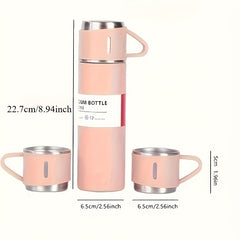 1 Set 500ml/16.9oz Stainless Steel Vacuum Insulated Bottle with 3 Cups Food-Contact Safe, Hot & Cold Insulation, Portable Leak-Proof Design – Perfect for Daily Use, Office, Travel & Ideal Gift for Her
