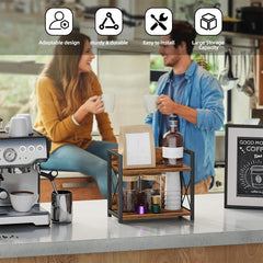 2 Tier Wooden Spice Rack, Kitchen Counter Organiser for Spices, Oil Bottles, Coffee Storage, Rustic Design with Stable Structure, Quick Assembly, Versatile for Home and Office Use