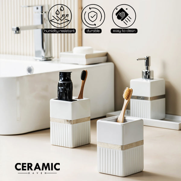 Ceramic Haven Elegance Collection | Set of 5 Luxury Bathroom Accessories | Soap Dispenser, Toothbrush Holder, Multipurpose Holder, Tumbler, Vanity Tray | Stylish Décor & Organizer