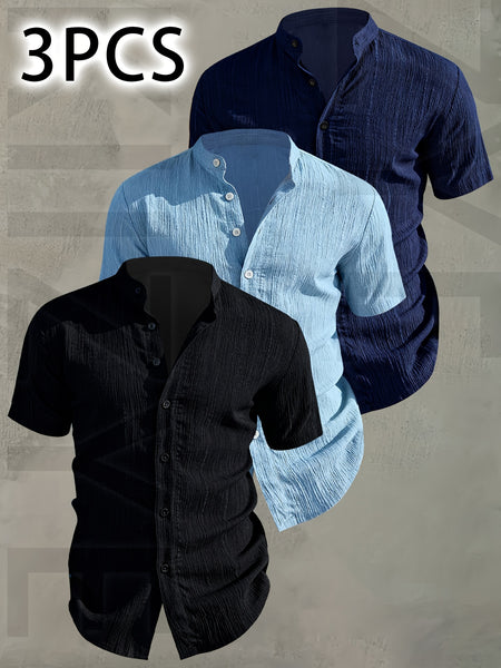 [Pearson OBM] 3pcs Men'S Summer Short Sleeve Shirt - Lightweight Breathable Solid Color Button-Up Casual Shirt with Stand Collar, Machine Washable for Beach Vacation, Pool Party And Casual Attire, Beach Shirt, Perfect for Gifting