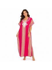 Women Boho Kaftan Dress Long Embroidered Beach Cover Up Lightweight Summer Kaftan Maxi Dress Loose Fit Swimwear Cover Up Holiday Beachwear Gandouri