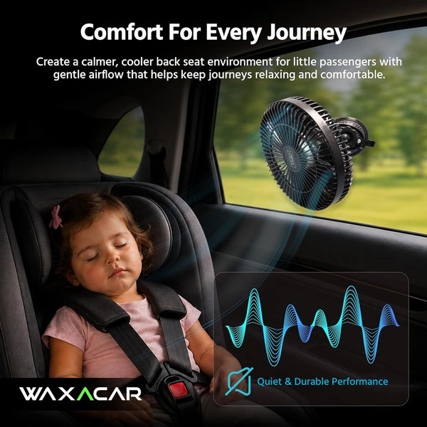 Waxacar Portable Car Fan, 12V USB Vehicle Cooling Fan with Adjustable 360° Rotation, Quiet Powerful Airflow for Car Dashboard, Rear Seat & Travel