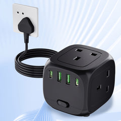 P34-UK HULKER Extension Lead with USB Slots 13A Power Strips 3 Way 4 USB Ports Surge Protector Smart Extension Lead UK Power Strips with 1.5m Bold Extension Cord 13A 3250W