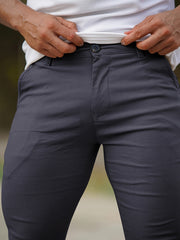 Heyfanee Men's Slim-Fit Elastic Waist Trousers - Khaki Low-Rise Casual Pants with Button Closure & Pockets, All-Season Machine Washable for Daily Wear, Durable Fabric