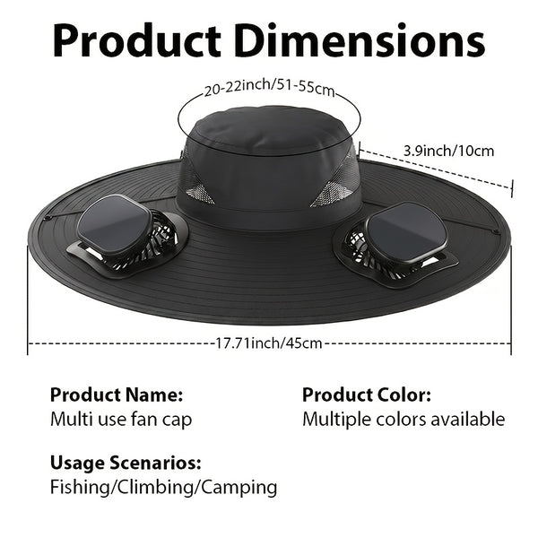 Wearing An Outdoor Solar Fan Hat, It Features A Dual-fan Design And A Wide Brim, Supports USB Charging to Ensure Long-lasting Battery Life, And Is Perfect for Activities Such As Camping, Hiking And Fishing.