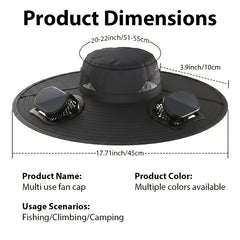 Wearing An Outdoor Solar Fan Hat, It Features A Dual-fan Design And A Wide Brim, Supports USB Charging to Ensure Long-lasting Battery Life, And Is Perfect for Activities Such As Camping, Hiking And Fishing.