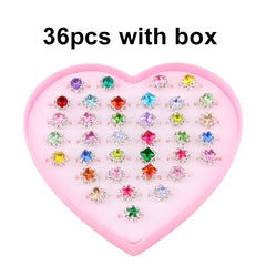 10/20/36 Pcs Cute Adjustable Rings Children Girls Pretend Play Makeup Toys Cartoon Crystal Jewelry Alloy Animal Enamel Ring