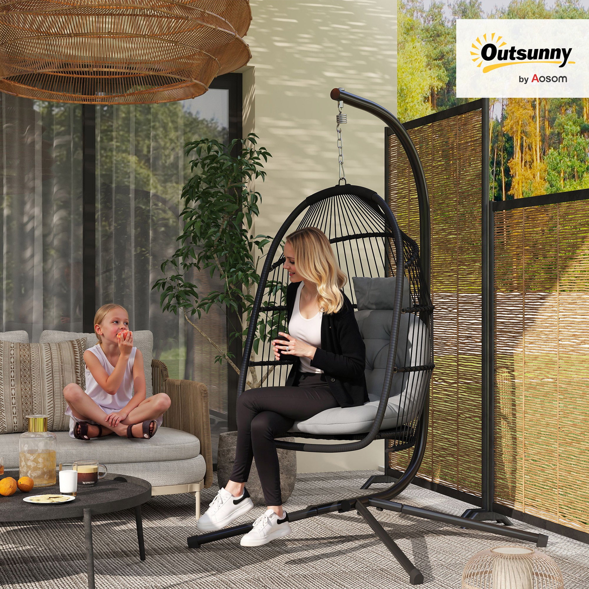 Rattan Hanging Egg Chair with Stand, Foldable Wicker Swing Egg Chair with Cushion, Head Pillow, Steel Frame, Hammock Chair for Indoor Outdoor, Capacity 150 kg, Dark Grey