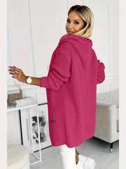 New Women's Autumn/Winter Solid Color Long Sleeve Mid-Length Hooded Pocket Simple Casual Fashion Versatile Daily Wear Sweater Cardigan Jacket