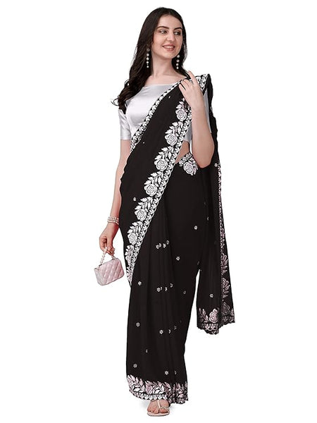 Estationeryhouse Women's Georgette Embroidery Border Work Designer Saree with Blouse Piece