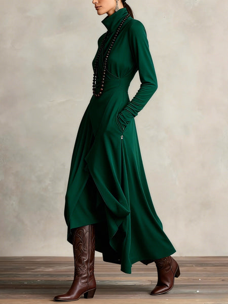 Women'S French-Style A-Line Dress | Slim-Fit Long Sleeve High Neck Midi Skirt, Solid Color Versatile Commuting Dress for Office & Outerwear, Elegant French Long Dress for All-Season Wear, XIUDEEN (Hand Wash/Dry Clean)