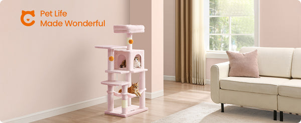 112 cm Cat Tree, Multi-Level Soft Plush Cat Tree, Cat Tower Condo with 4 Cat Scratching Posts, Hammock, Cave, Platform, Toys, Pink/White/Beige/Grey, Easy Assembly and Sturdy, Indoor Cat Furniture