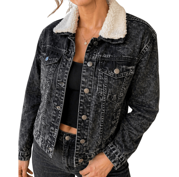 Women'S Black Denim Jacket with Sherpa Collar, Fleece Lined Jean Trucker Jacket, Warm Button Up Long Sleeve Winter Coat, Casual Vintage Denim Outerwear with Pockets