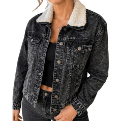 Women'S Black Denim Jacket with Sherpa Collar, Fleece Lined Jean Trucker Jacket, Warm Button Up Long Sleeve Winter Coat, Casual Vintage Denim Outerwear with Pockets