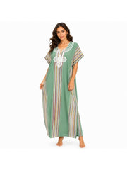 Women Boho Kaftan Dress Long Embroidered Beach Cover Up Lightweight Summer Kaftan Maxi Dress Loose Fit Swimwear Cover Up Holiday Beachwear Gandouri