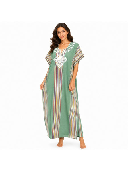 Women Boho Kaftan Dress Long Embroidered Beach Cover Up Lightweight Summer Kaftan Maxi Dress Loose Fit Swimwear Cover Up Holiday Beachwear Gandouri