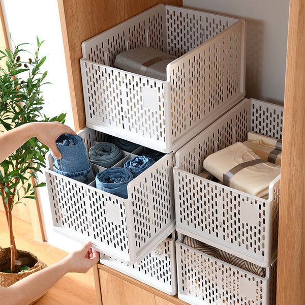 2pcs Foldable Plastic Wardrobe Closet Cabinet Storage Organiser Stackable Pull Out Drawer Baskets with Ventilation Holes for Jeans, Clothes, Bras, Underwear, Books Dividers Shelf Bedroom Home Office Space-Saving