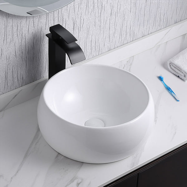 Ceramic Counter Top Sink Round 400*400*155mm Modern Bathroom Cloakroom Hand Washing Basin Sink Bowl with Waste Pipe Kits