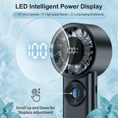 Portable Handheld Turbo Fan, 100 Stepless Wind Speed Adjustment, LED Digital Power Display, 3600mAh Rechargeable Battery, Pocket Size Wearable Lanyard Design, For Outdoor Travel Camping Daily Heat Relief