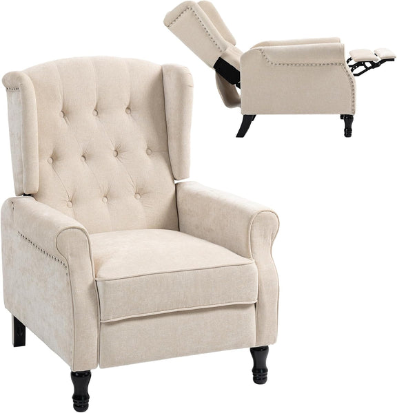 HOMCOM Recliner Armchair, Vintage Reclining Chair with Nail Head Trim, Wingback Chair with Button Tufted Back and Footrest, for Living Room, Beige