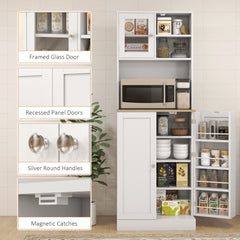 169cm Kitchen Cupboard, Freestanding Storage Cabinet with Microwave Shelf, Adjustable Shelves & 8 Door Storage, Modern Kitchen Pantry with Glass Door for Living Room, Dining Room, White