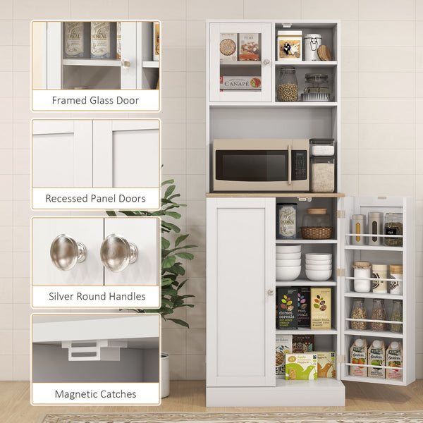 169cm Kitchen Cupboard, Freestanding Storage Cabinet with Microwave Shelf, Adjustable Shelves & 8 Door Storage, Modern Kitchen Pantry with Glass Door for Living Room, Dining Room, White