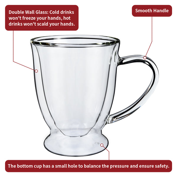 Vinsani Double Walled Coffee Drink Glasses Tea Cup Mug Heat Cold Resistant Aesthetic Clear Borosilicate Glass with Handle Cappuccino Latte Tea Dessert Hot and Cold Drinks