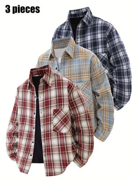 3pcs Set - Men'S Spring/Autumn Collared Checkered Shirt Youth Outdoor Casual Trendy Top Men'S Fashion Versatile Jacket