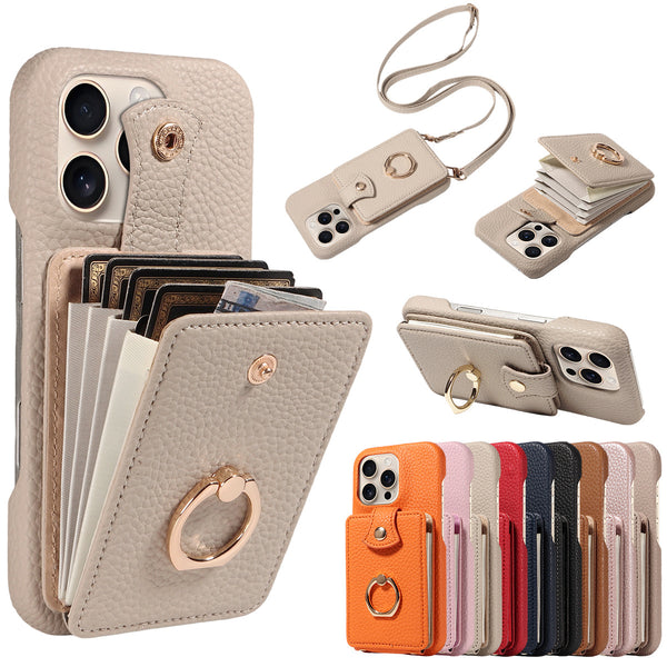 Multi Functional Phone Case for iPhone 17 Pro Max 16 15 14 13 12 11 Faux Leather Accordion Flip Cover with Ring Holder Crossbody Strap Long Lanyard Multi Card Slots Anti Drop