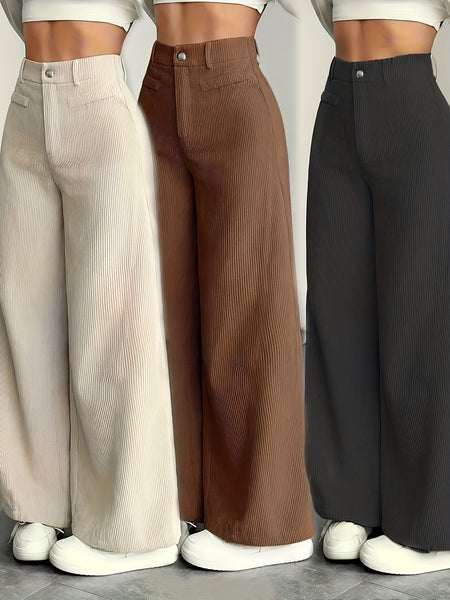 Cat Ear Orientation MS25072820 Women'S High-Waisted Wide-Leg Pants - Corduroy Texture Casual Trousers, All-Season Comfort, Machine Washable Beige Pants Three-Piece Set