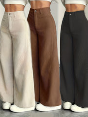 Cat Ear Orientation MS25072820 Women'S High-Waisted Wide-Leg Pants - Corduroy Texture Casual Trousers, All-Season Comfort, Machine Washable Beige Pants Three-Piece Set