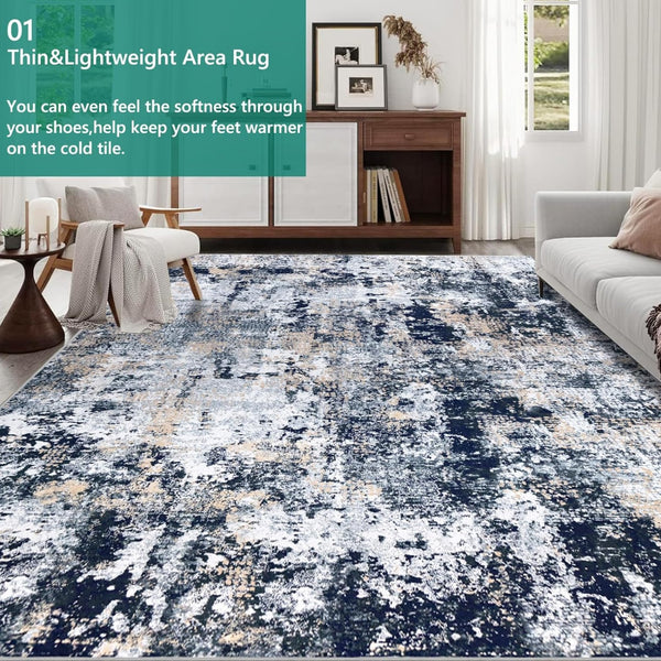Capslpad Navy Blue Abstract Area Rug 200x300cm | Modern Short Pile Soft Faux Wool, Machine Washable, Non Slip, Minimalist Floor Mat for Living Room, Bedroom, Office, Kitchen Decor