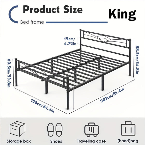 Sleek Black Metal Bed Frame Featuring a Stylish Headboard | Durable Steel Build | Silent Operation | Accommodates Various Mattress Sizes | Perfect for Bedrooms, Dormitories, Or Rental Spaces