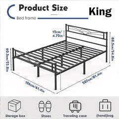 Sleek Black Metal Bed Frame Featuring a Stylish Headboard | Durable Steel Build | Silent Operation | Accommodates Various Mattress Sizes | Perfect for Bedrooms, Dormitories, Or Rental Spaces