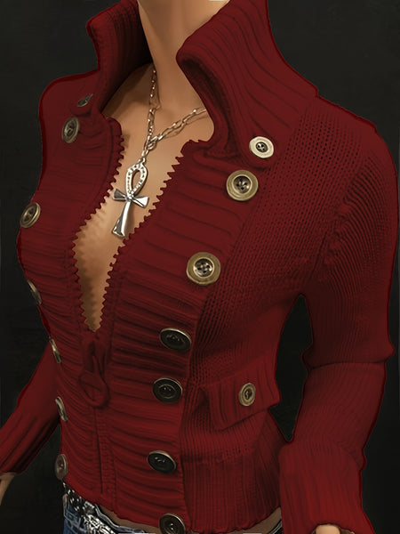 Christmas Women's Elegant Cardigan - Front Zipper & Multi Buttons, Stand-Up Collar Sweater, Structured Fit for Office, Party, Everyday - All-Season Chic Outerwear, Office Wear, Textured Knitwear, Ribbed Texture, Stylish Coverup, Working Professionals