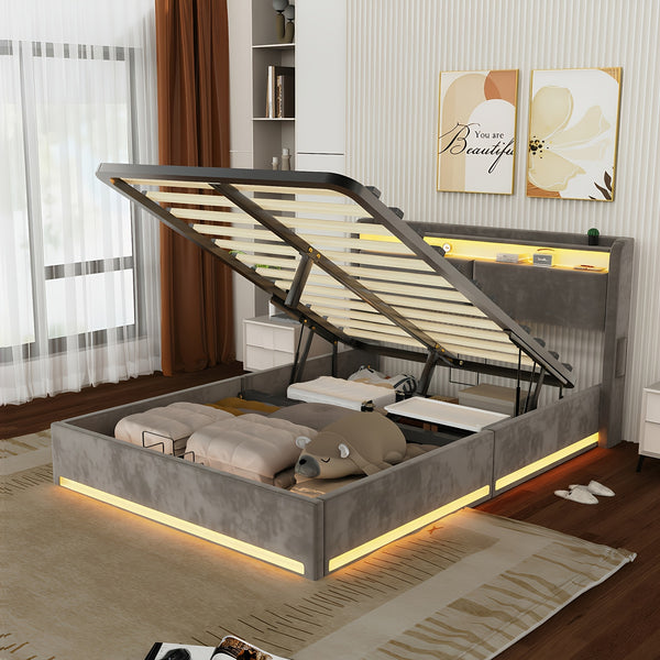 Upholstered Ottoman Bed/ 4 Drawer Storage Bed, 4ft6 Double Bed Frame with Storage & LED & USB, Gas Lift Up Storage Bed Hydraulic Upholstered Bed with Storage Headboard&Slats, Linen, No Mattress, Grey (Optional Purchase Of Mattress)
