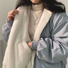 Women's Winter Double-Sided Plush Padded Jacket with Hood & Pockets - Thickened Lamb Outer Coat, Zipper Closure, Solid Color Casual Sweater for Cold Weather (No elastic fabric)