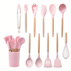 12pcs Silicone Kitchen Cooking Utensils Set with Wood Handle - Reusable Tableware Set for Camping, Picnic, Home, Party And Dinner