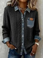 Women's Patchwork Denim Shirt Autumn/Winter Fashion Long-Sleeved Cardigan Versatile 2pcs Style Denim Collar Top Casual Vintage Aesthetic Ideal for Autumn/Winter Commuting, Office Wear, Casual Outings, and Layering
