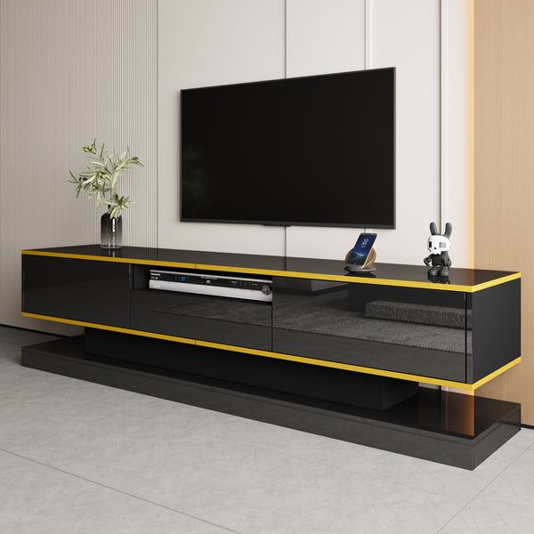180cm LED TV Stand with 3 Drawers & Open Shelf, High Gloss Modern TV Cabinet with RGB Lights & Gold Trim, PB Board Entertainment Center for Living Room, Gaming & Home Theater - Holds up to 65 Inch TV, Smooth Glide Drawers, Scratch-Resistant, Easy Assembly
