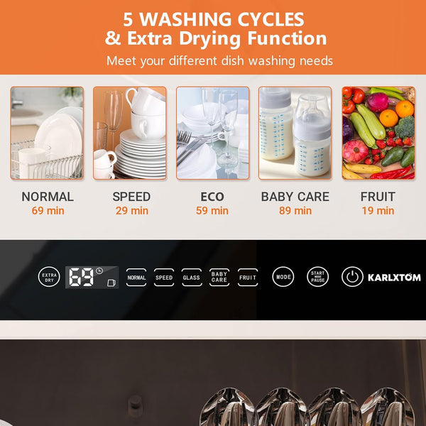 Karlxtom Table Top Dishwasher 6 Programs Mini Dishwasher with Touch Control, Auto-Drying, Baby Care & Fruit Wash, Perfect for Small Families, Couples