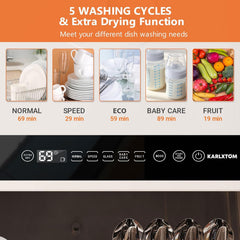 Karlxtom Table Top Dishwasher 6 Programs Mini Dishwasher with Touch Control, Auto-Drying, Baby Care & Fruit Wash, Perfect for Small Families, Couples