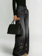 New Retro Style Denim Jeans for Women, with Metal Eyelets Designed for Casual And Loose Fit, High Waisted And Wide Leg Jeans, Street Cool Women'S Clothing, Black Retro Blue Light Blue Women'S Straight Leg Denim Pants