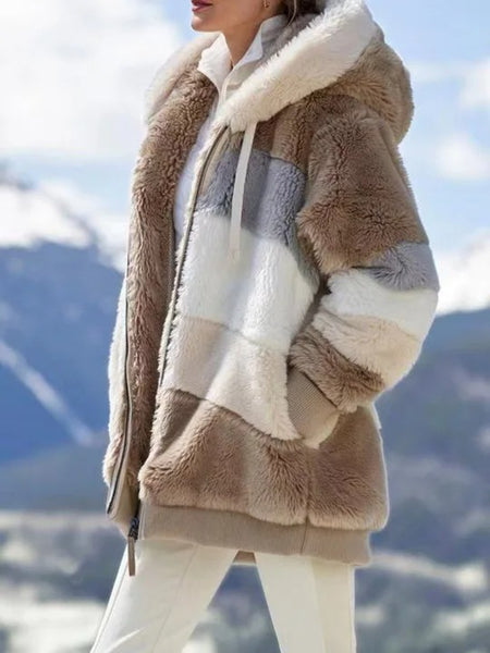 Women's Oversized Plush Flocking Jacket with Hood & Fur-Like Collar - Beige/Brown/Black/White Color-Block, Loose Fit Winter Coat, Drawstring Waist & Plush Pockets, Casual Streetwear Outerwear for Fall and Winter (Dry Clean Only), Seasonal Fashion, Colorbl