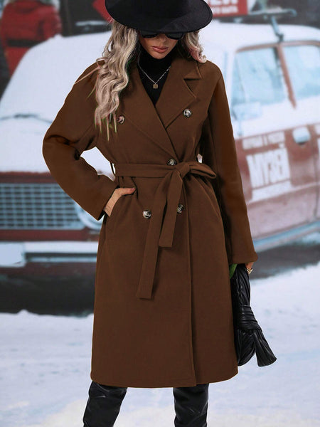 Women'S Elegant Double-Breasted Lace-Up Coat - Winter Trench Coat with Front Pockets, Structured Formal & Casual Outerwear for Fall/Winter, Chic Office, Party, Everyday Outfits - Durable Cold Weather Clothing, Ladies Winter Coats, Party Attire, Sophistica