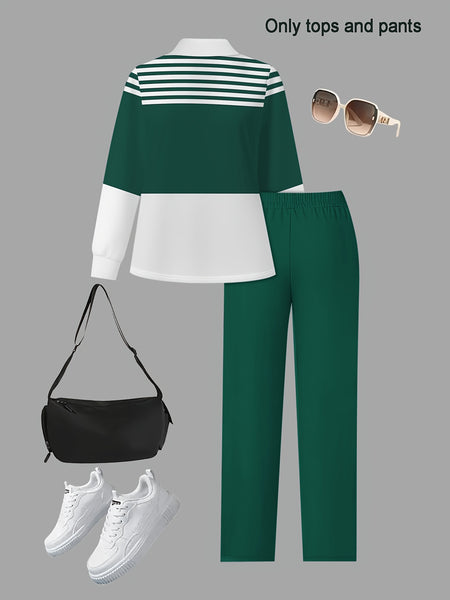 Women's 2pcs Suit Set - Striped Half-Pallet Pullover Top & Solid Color Pants with Zipper Closure, High-Elasticity Straight Leg Pants, Loose Fit for Commuting, Office & Daily Wear - All-Season Professional Attire (2pcs Matching Set)