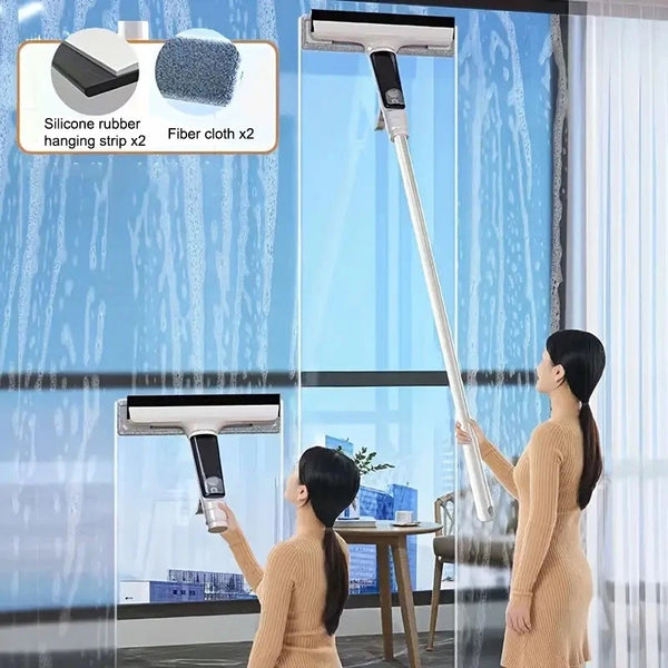 Professional-Grade Window Cleaner Kit with Rotatable Long Handle & 4 Fiber Cloths + 2 Silicone Strips - Heavy-Duty Indoor/Outdoor Glass Washing Tool for, Mirrors, Shower Doors, Car Glass - Easy-Install Hanging System, Durable Window