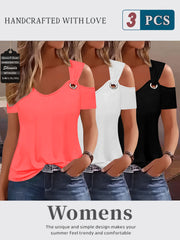 Three-Piece Summer Off-Shoulder Short-Sleeve T-Shirt, Casual Loose Eyelet V-Neck Solid Color Basic Off-Shoulder Short-Sleeve Top