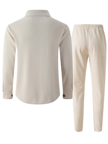 Men's Two-Piece Set, Autumn-Winter Casual Fashion Beach Dual Pocket Turn Collar Long Sleeve Shirt + Trousers Outfit for Fall/Winter Hawaiian Vacation
