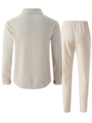 Men's Two-Piece Set, Autumn-Winter Casual Fashion Beach Dual Pocket Turn Collar Long Sleeve Shirt + Trousers Outfit for Fall/Winter Hawaiian Vacation
